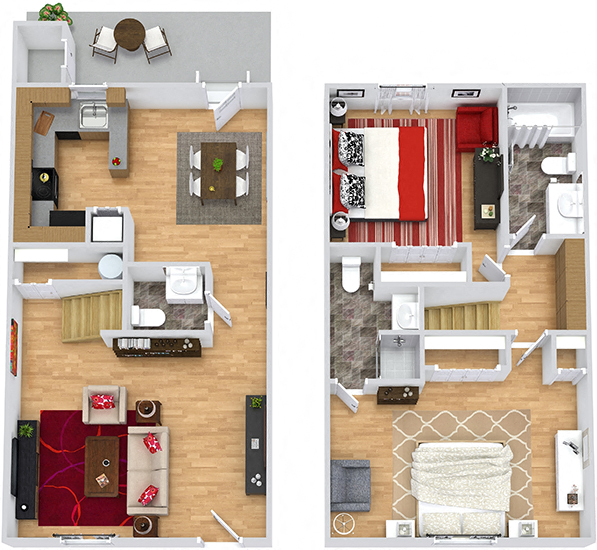 Floor plan for 2 beds, 2.5 baths, 1160 sqft